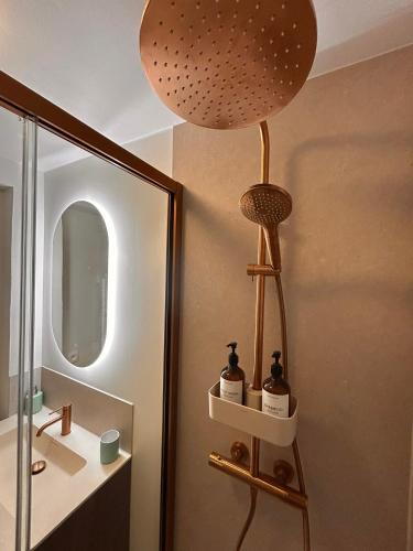 a bathroom with a mirror and a lamp on the wall at Residentie Hippocampe in Wenduine