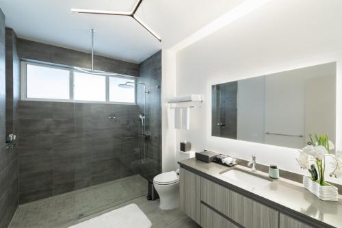 a bathroom with a shower and a toilet and a sink at Ellipse Resort, Grace Bay in Providenciales