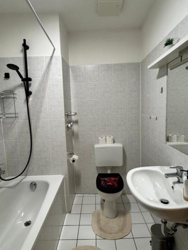 a white bathroom with a toilet and a sink at Arminos Large Group Apartment- 3 Zimmer & 2 WCs in Chemnitz