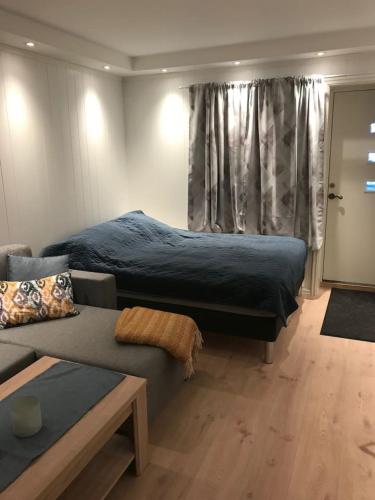 a bedroom with a bed and a couch in front of a window at Koselig og praktisk studioleilighet in Svolvær