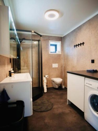 a bathroom with a shower and a sink and a toilet at Sentral toppleilighet 3.etg 4 pers in Svolvær