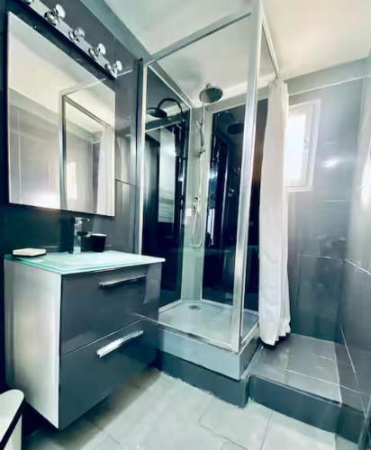 a bathroom with a shower and a sink and a tub at Le VILLAJOUN in Saintes-Maries-de-la-Mer