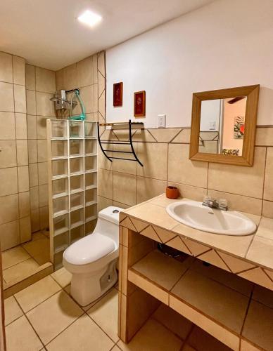 a bathroom with a toilet and a sink and a mirror at Casa Rural Los Almendros - Tarcoles in Capulín