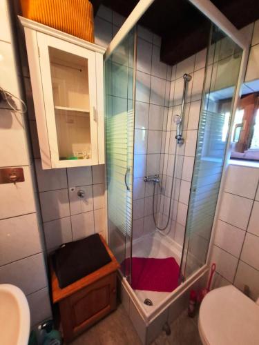 a bathroom with a shower with a glass door at Villa Vadása Vendégház in Hegyhátszentjakab