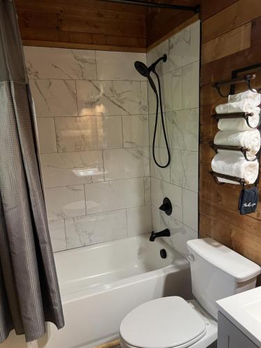 a bathroom with a white tub and a toilet at Bavarian Hideaway 46 in Sautee Nacoochee