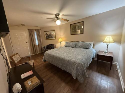 a bedroom with a bed and a ceiling fan at Rivers Edge 803B in Helen
