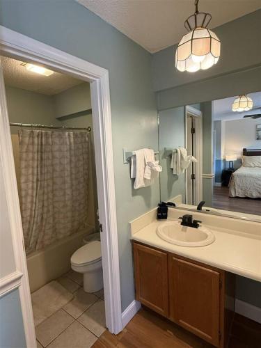 a bathroom with a sink and a toilet and a mirror at Rivers Edge 802 in Helen