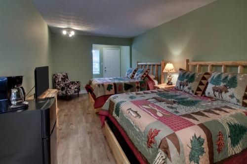 a bedroom with two beds and a television in it at Bavarian Brook 8a in Helen