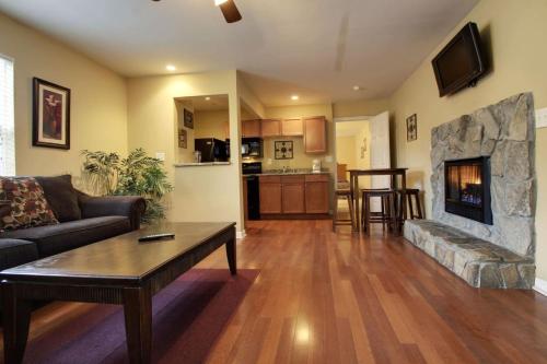 a living room with a couch and a fireplace at Bavarian Brook Condo 11 in Helen