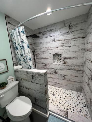 a bathroom with a toilet and a wooden wall at Bavarian Brook Condo 14 in Helen