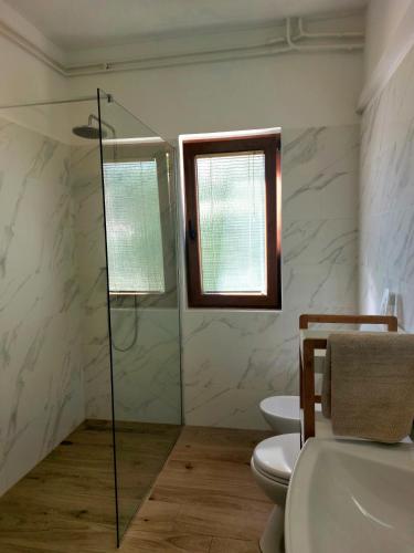 a bathroom with two toilets and a glass shower at Apartment Park in Rabac