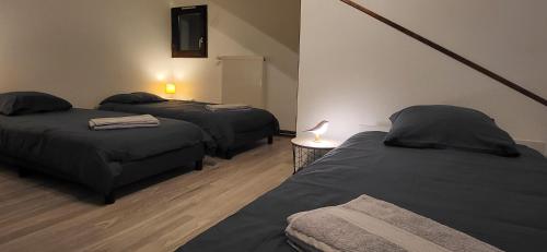 a room with two beds and a table with a lamp at Gîte des sources in Salbert