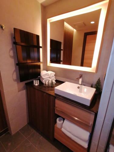 a bathroom with a sink and a mirror at WOODSIDE SPA AND PARKING 323 Kopaonik011 in Kopaonik