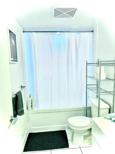 a bathroom with a white toilet and a shower at Cozy Condo near CN Tower in Toronto