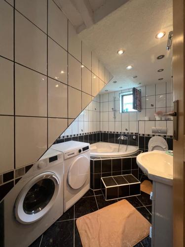 a bathroom with a washing machine and a sink at Apartman Demirovic in Orašac