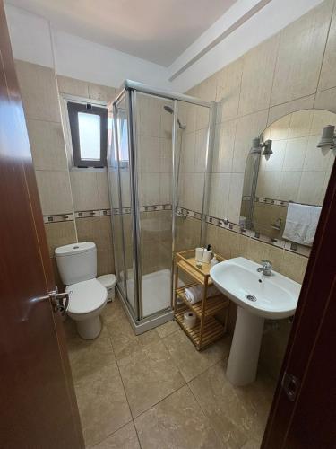 a bathroom with a shower and a toilet and a sink at Valthi in La Restinga