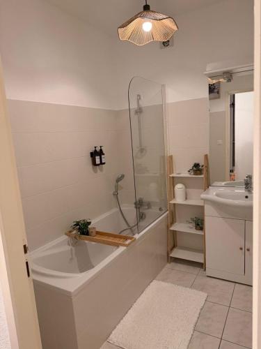 ein Badezimmer mit Dusche, Badewanne und Waschbecken in der Unterkunft Thejungle in Freyming