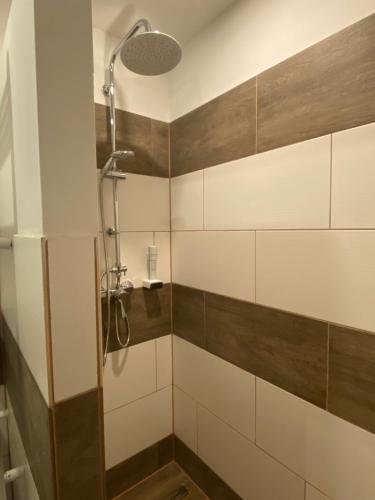 ein Badezimmer mit Dusche mit braunen und weißen Fliesen in der Unterkunft frankys cafe in Bärenstein