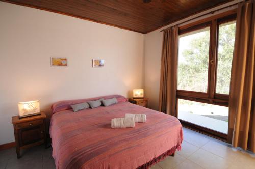 a bedroom with a large bed and a large window at Estación Tachyón Timalu , ETe-Nea in San Esteban