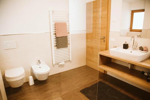 a bathroom with a toilet and a sink at Lü de Terza in San Vigilio Di Marebbe