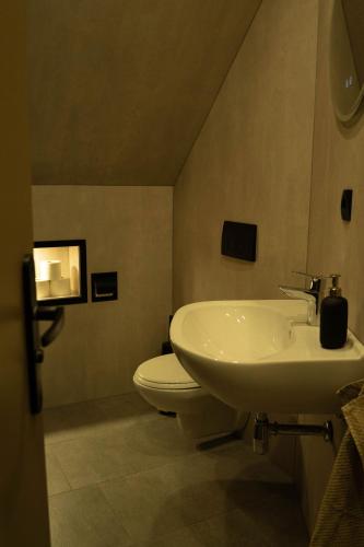 a bathroom with a white sink and a toilet at Tussen poort en toren in Sneek