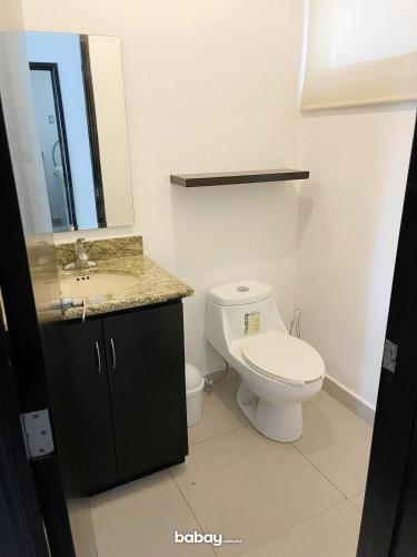 a bathroom with a white toilet and a sink at Departamento Isla Marina Mazatlán con alberca in Mazatlán