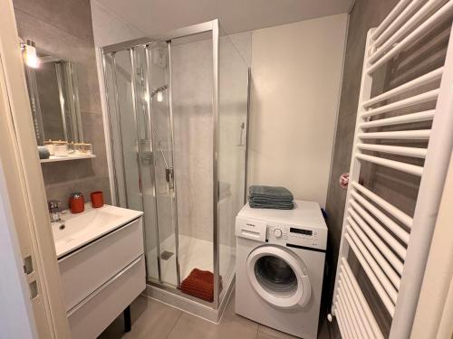 a bathroom with a washing machine and a shower at Appart Cosy 50 m2 avec balcon à Amnéville, Metz et Luxembourg in Amnéville