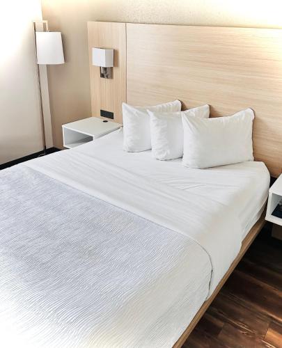 a bedroom with a large white bed with white pillows at Baymont by Wyndham Missoula in Missoula