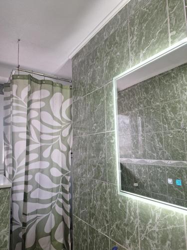 ein Badezimmer mit Duschvorhang und Fenster in der Unterkunft Apartman Mila in Bihać