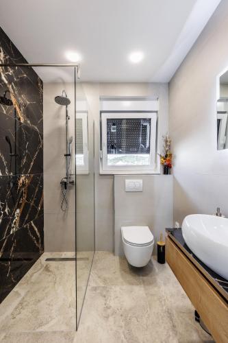 a bathroom with a shower and a toilet and a sink at Villa dal' Mares in Vinišće