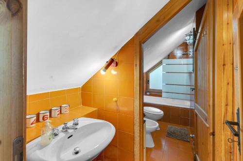 a bathroom with a sink and two toilets at La Grangia - mountain loft in Rollieres