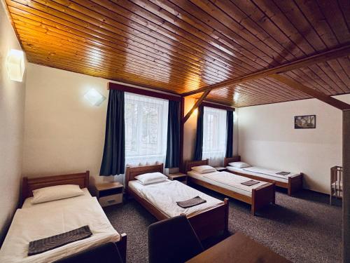 a room with three beds and a wooden ceiling at Ubytování Přimda in Přimda