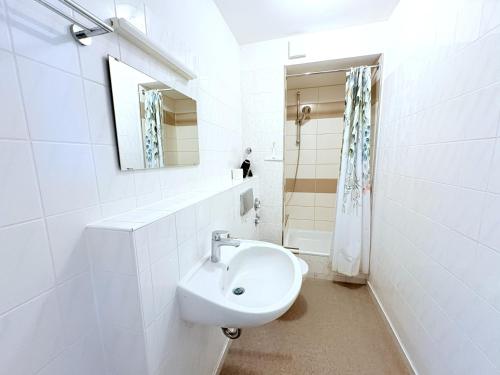 a white bathroom with a sink and a mirror at Boddenhof Apartment 46 - ebenerdig, tierfreundlich in Buschvitz