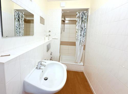 a white bathroom with a sink and a mirror at Boddenhof Apartment 54 - Balkon, Parkplatz, ruhig in Stedar