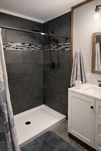 a bathroom with a shower and a sink at The Cozy Cow Cottage in Bluefield