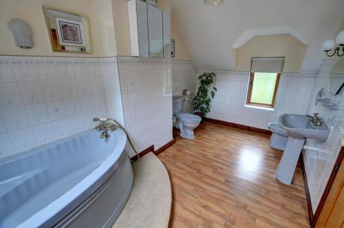 a bathroom with a tub and a sink and a toilet at 3 Bed in Fishguard oc-wav276 in Pontfaen