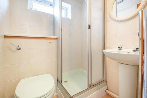 a bathroom with a shower and a toilet and a sink at 4 Bed in Morfa Nefyn oc-bow10 in Morfa Nefyn