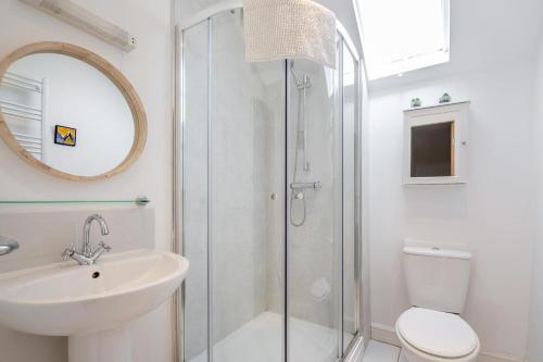 a bathroom with a shower and a toilet and a sink at 2 Bed in Betws Y Coed oc-wag474 in Betws-y-coed