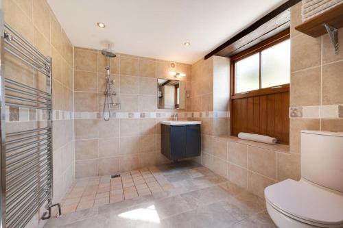 a bathroom with a shower and a toilet and a sink at 3 Bed in Gower oc-hh407 in Llanmadoc