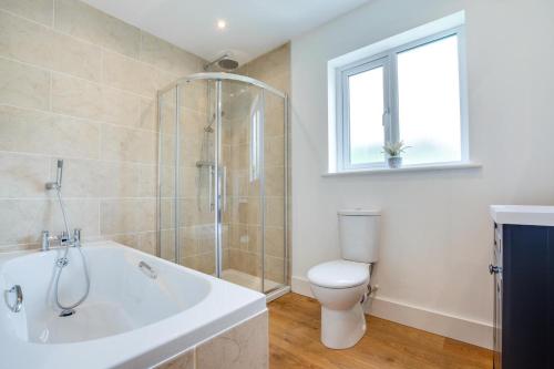 a bathroom with a tub and a toilet and a window at 3 Bed in Llanfynydd oc-pw9215 in Llanfynydd