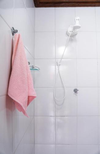 a bathroom with a shower with a pink towel at SUÍTE em casa FRENTE AO MAR - Acesso à PRAIA, CHURRASQUEIRA, GARAGEM e WI-FI 80mbps - Ambiente Privativo - Itanhaém-SP in Itanhaém
