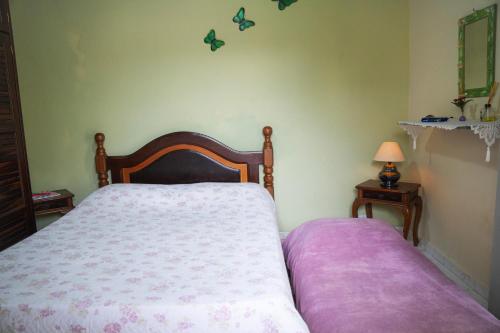 a bedroom with a bed with purple sheets and butterflies on the wall at SUÍTE em casa FRENTE AO MAR - Acesso à PRAIA, CHURRASQUEIRA, GARAGEM e WI-FI 80mbps - Ambiente Privativo - Itanhaém-SP in Itanhaém
