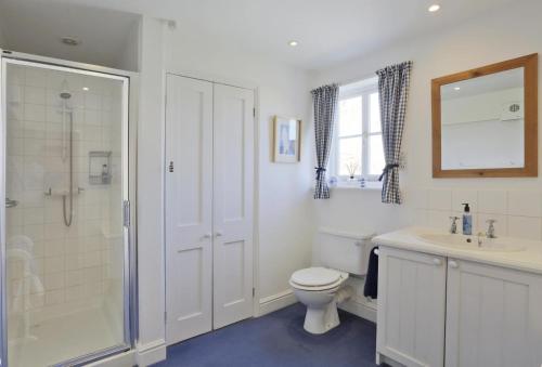 a bathroom with a toilet and a shower and a sink at 3 Bed in Walberswick oc-aaferr in Walberswick