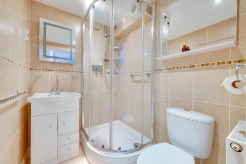 a bathroom with a shower and a toilet and a sink at 4 Bed in Halesworth oc-5river in Halesworth