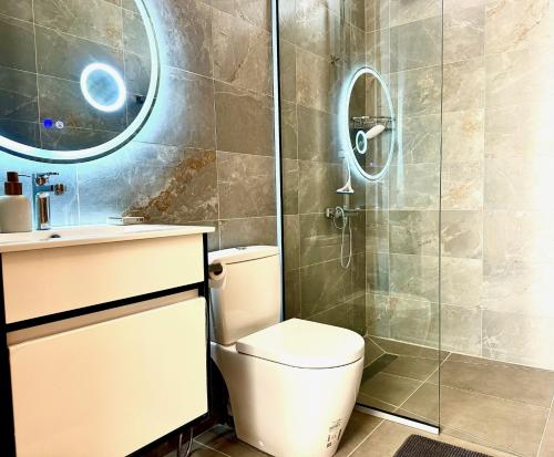 a bathroom with a toilet and a shower at Résidence Azélina 2 in Pointe aux Canonniers