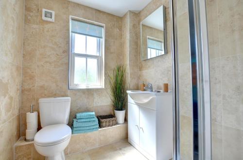 a bathroom with a toilet and a sink and a shower at 5 Bed in Amroth oc-pw9068 in Amroth