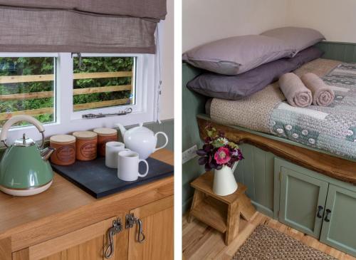 two pictures of a bedroom with a bed and a window at 1 Bed in Talybont-on-Usk oc-a29348 in Talybont