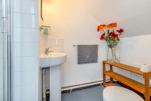 a bathroom with a sink and a toilet and a vase of flowers at 5 Bed in Ystrad Meurig oc-r31133 in Ystrad Meurig