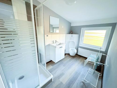 a bathroom with a shower and a toilet and a sink at Haus Waldblick - Natur pur am Rande des Nationalparks Jasmund in Sassnitz