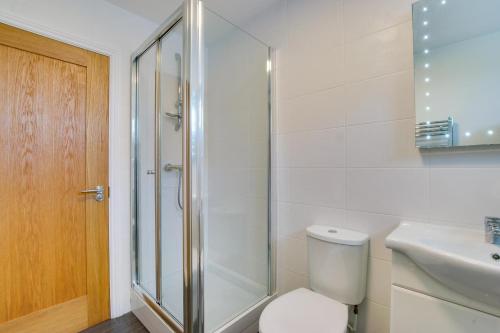 a bathroom with a shower and a toilet and a sink at 2 Bed in Gower oc-hh487 in Penclawdd